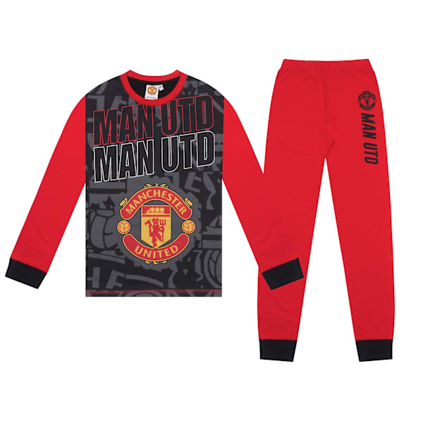 Manchester United Pojkpyjamas Långa Sublimering Officiell Fotbollspresent Black Red 11-12 Years