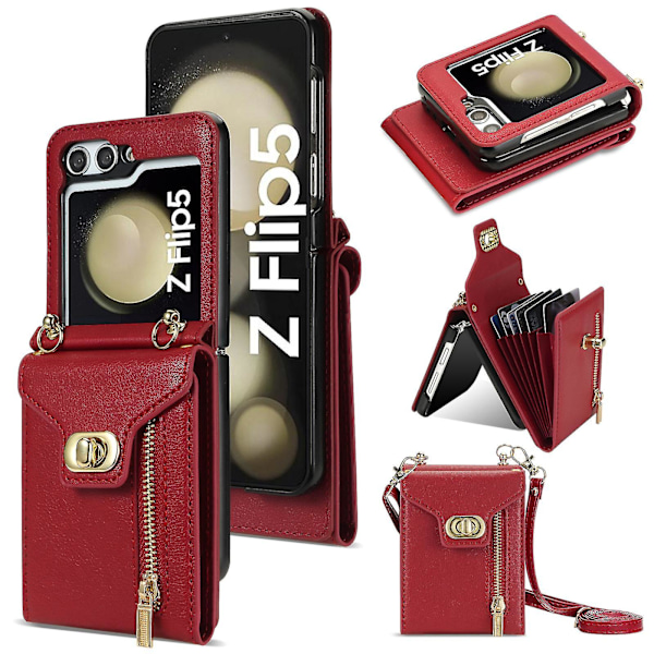 Z Flip 5 Plånboksfodral, Läderfodral för Samsung Galaxy Z Flip 5 med dragkedja Kreditkortshållare & Crossbody-rem red