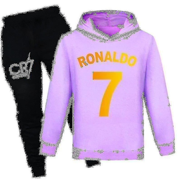 Barn Pojkar Ronaldo 7 Tryckt Casual Hoodie Tracksuit Set Huvtröja Topp Byxor Dräkt 130CM 7-8Y Purple