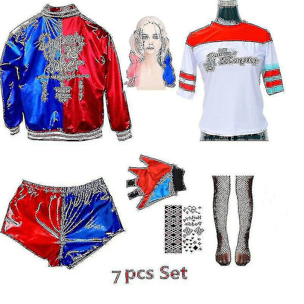 Vuxen Harley Quinn Halloween T-shirt, Armbågsband, Jacka, Bälte med Peruk Nyårsfestkläder 7pcs set a M