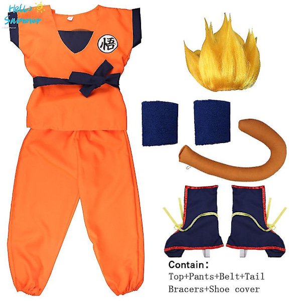 Jul Barn Vuxen Dräkter Son Goku Cosplay Kostym Anime Superhjältar Overall Svart Hår Kostym Klä Ut 9pcs*Wu glod 130 height120*130cm *Goku