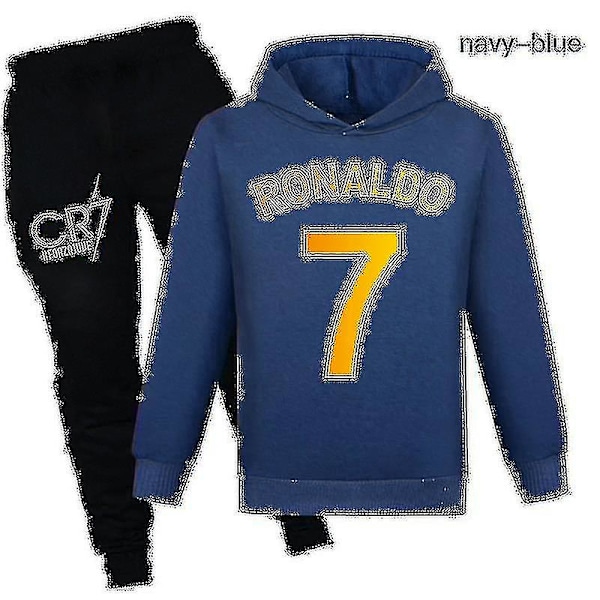 Barn Pojkar Ronaldo 7 Tryckt Casual Hoodie Tracksuit Set Huvtröja Topp Byxor Dräkt 140CM 9-10Y Navy