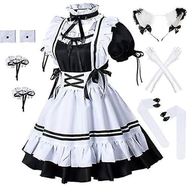 Catchcostume Lolita Maid Anime Fransk Söt Maid Cosplay Klänning Kostym Flickor Servitris Maid Fest Scen Katt Öron Handskar Strumpor 8 Delar Set Black 5X-Large