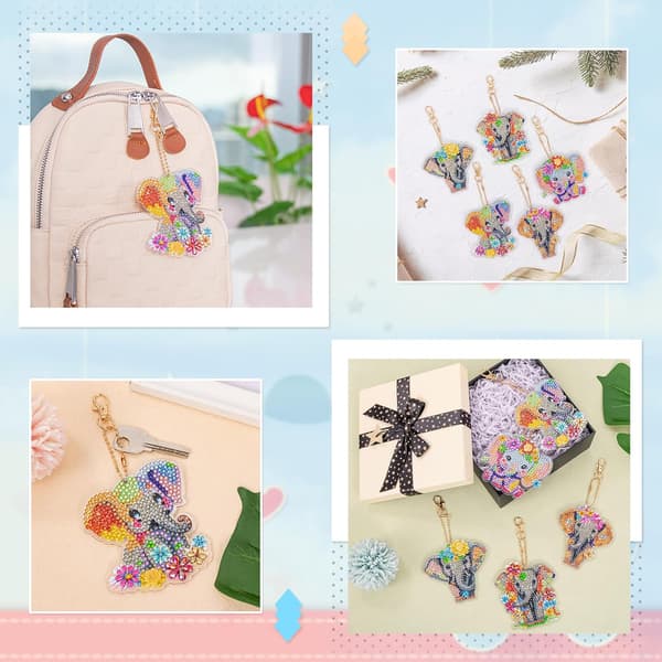 5 Stykker Nøglering Diamant Maleri Elefant DIY 5D Diamant Kunst Pa