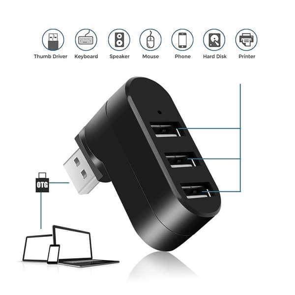 USB-hub, 90°/180° roterbar USB-adapter, 4-ports USB-datahub, Mul