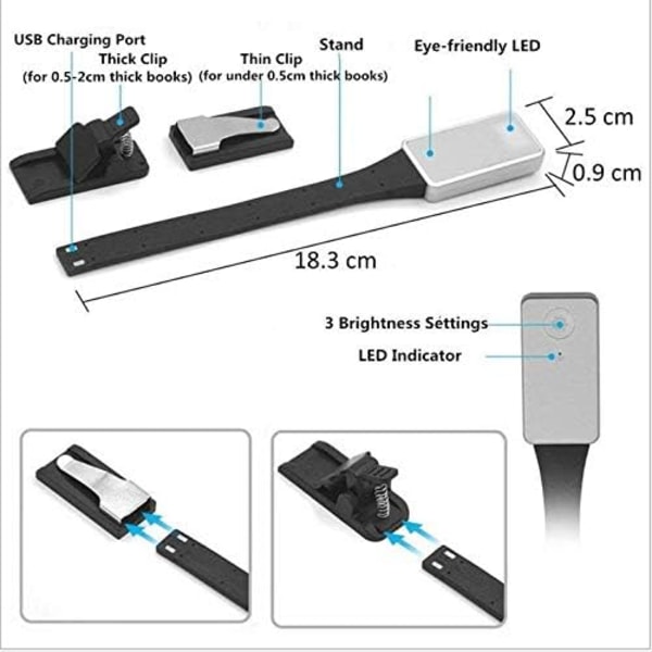 LED-lukuvalo klipsillä, USB-ladattava lukuvalo, ZQKLA