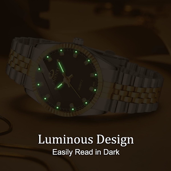 Dameure med rustfri stållænke, Quartz analog armbåndsur vandtæt lysende, luksus urskive dameur, G