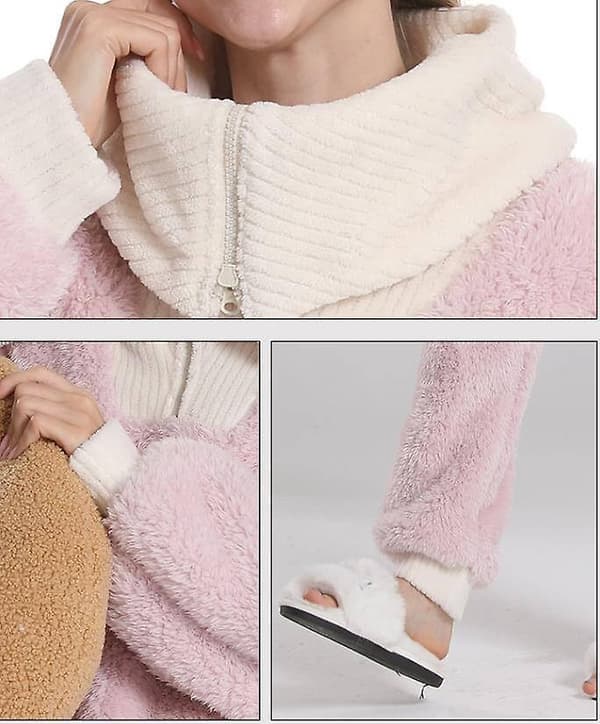 Dames Efterår og Vinter Stor Lapel Koralsamt Pyjamas Tykkere Varme Pyjamas Sæt - Pink M