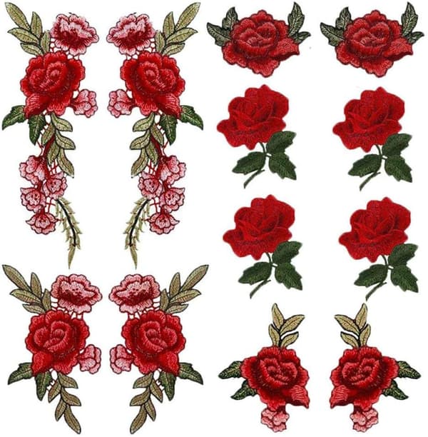 6 Sett 12 Stk Røde Roser Broderte Merker Diverse Ornamentale De