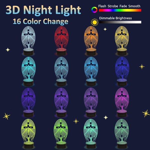Kryds 3D Natlys, Jesus Illusion Hologram Lampe 16 Farver, ZQKLA