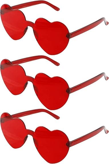 Hjerteformede solbriller, 3-pak, rammeløse, retro, røde, kærlighedstema Red