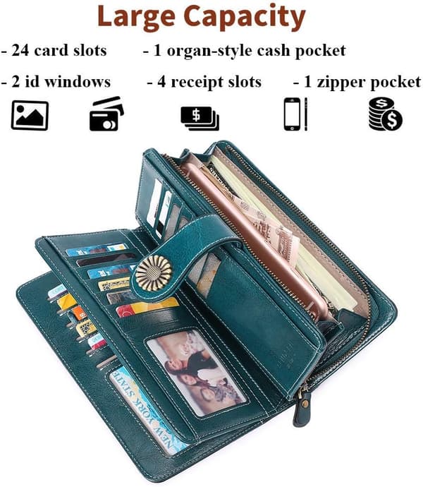 RFID-blokerende pung i ægte læder til kvinder - Clutch-pung - Kortholder - Organizer - Damepung (blå)