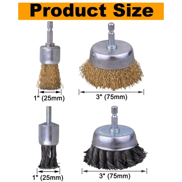 4 stk. Wirebørste for Drill med 1/4'' Hex Skaft, Drill Wirebørste