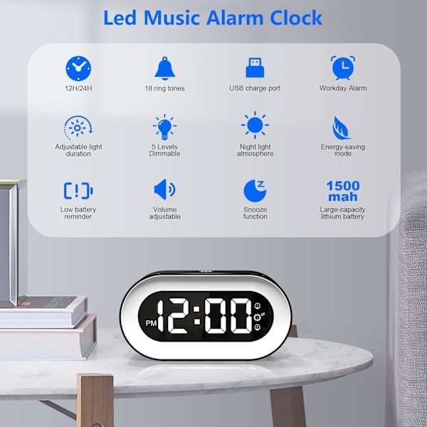 Digital väckarklocka, USB-laddningsbar digital klocka morgonalarm