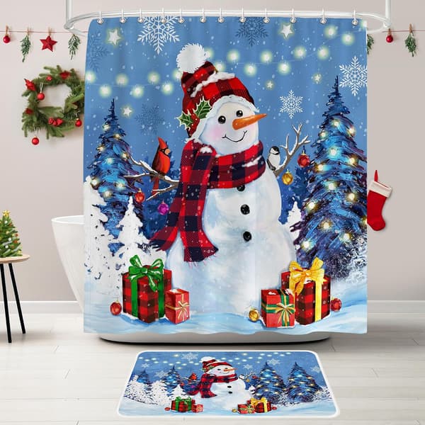 Snögubbe Jul Duschdraperier för Badrum Set, Blå Jul, ZQKLA