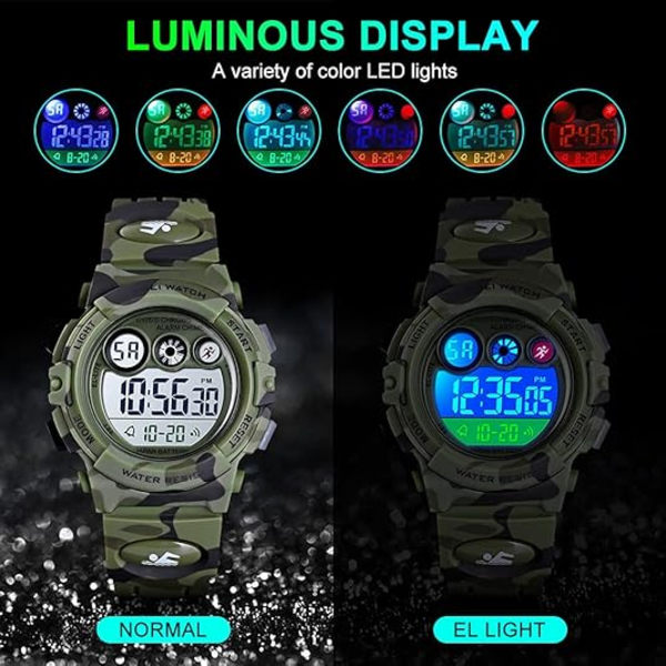 Klockor för barn Digital Sport Vattentät Pojkar Flickor Klocka Utomhus 12/24 H Alarm EL Bakgrundsbelysning Stoppur Militär Barn Armbandsur Åldrar 5-15
