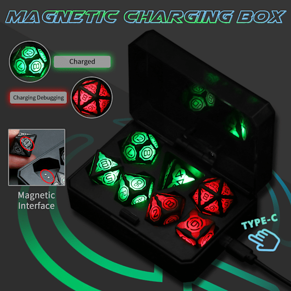 Lysende LED Terninger Sett med 7 USB Ladbare Lysende DND Terninger