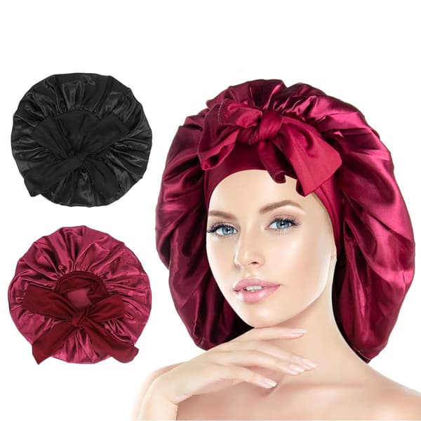 Pakke med 2 Sorte+Røde Satin Søvn Bonnet, Stor Satin Søvn, ZQKLA