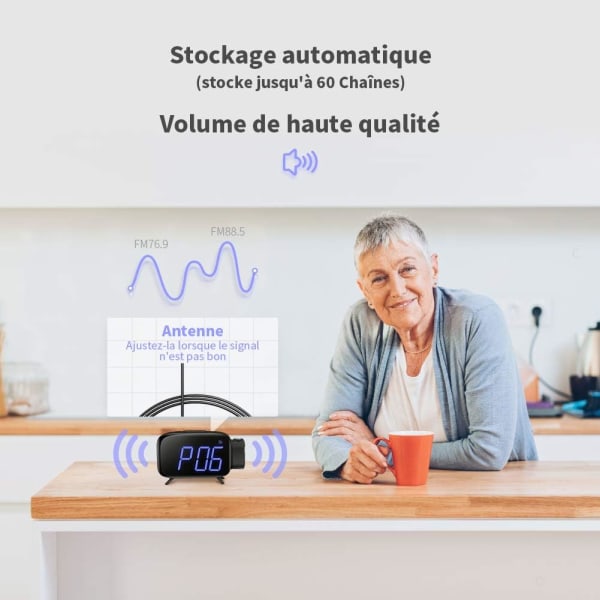 Projisert vekkerklokke Radio Digital vekkerklokke med 3 Brig, ZQKLA