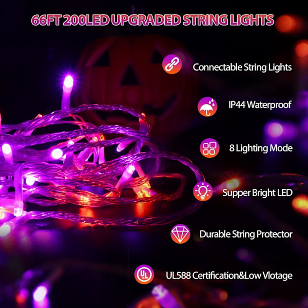 Halloween-lys Utendørs 200 LED 20m Solcelledrevet Halloween Dekorativ S