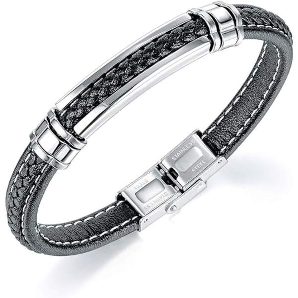 Svart läderarmband för män och tonårspojkar i silverfärgat rostfritt stål, ZQKLA