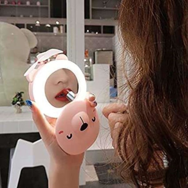 Pocket Bärbar Piggy Form Mirror med LED-ljus och fläkt, Mini F