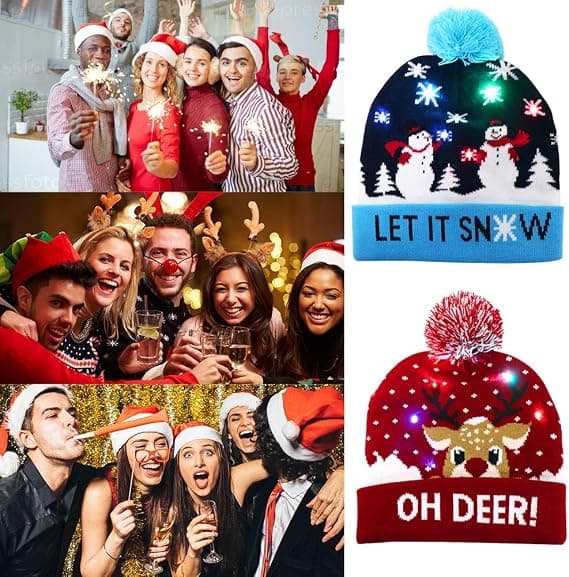 LED Julehat, Lysende Julehat Unisex Strikket Bea,ZQKLA