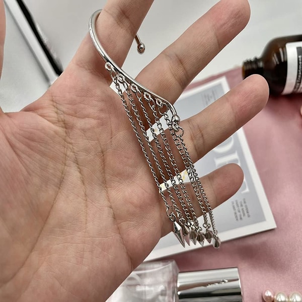 Silver Lång Tofs Öronmanschett Kedjeörhängen, Punk Retro Öron Cr, ZQKLA