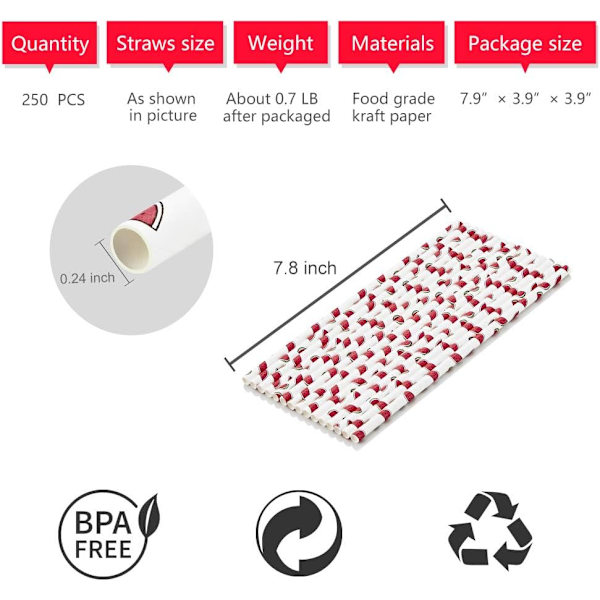 250-pack Biologiskt Nedbrytbara Pappershalm i Bulk - Vattenmelonmönster, ZQKLA