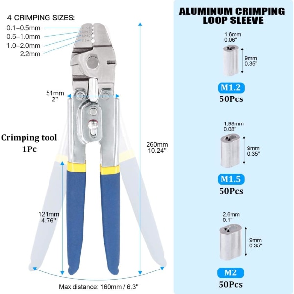 Krympverktyg för vajer upp till 2,2 mm med 150 st aluminiumhylsor, ZQKLA