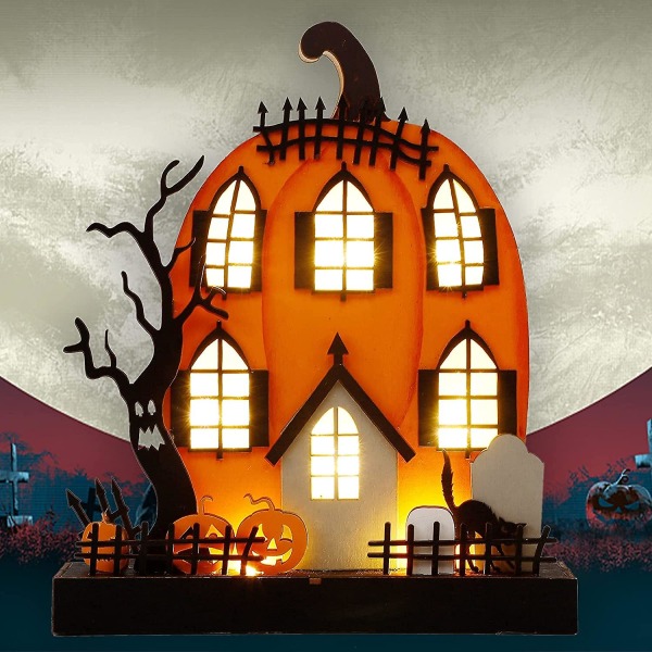 Halloween bordsfigurer, 9" X 8" Lighted Pumpkin House, ZQKLA