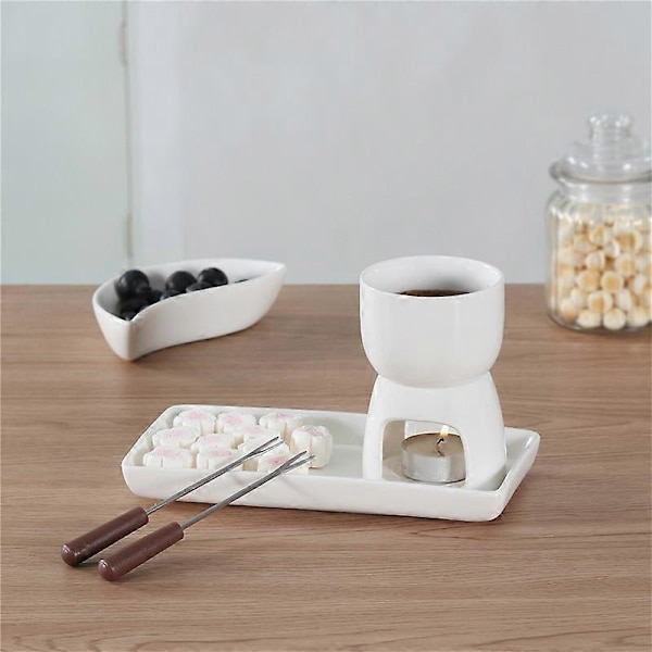 1 x Keramisk Fondue Set Bestående av Vit Choklad Fondue Keramisk Fondue Set med 2 Rostfria Gafflar (1 x Choklad Fondue Set)