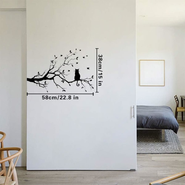 Trädgren blad med katt väggdekor klistermärken Avtagbar vinyl