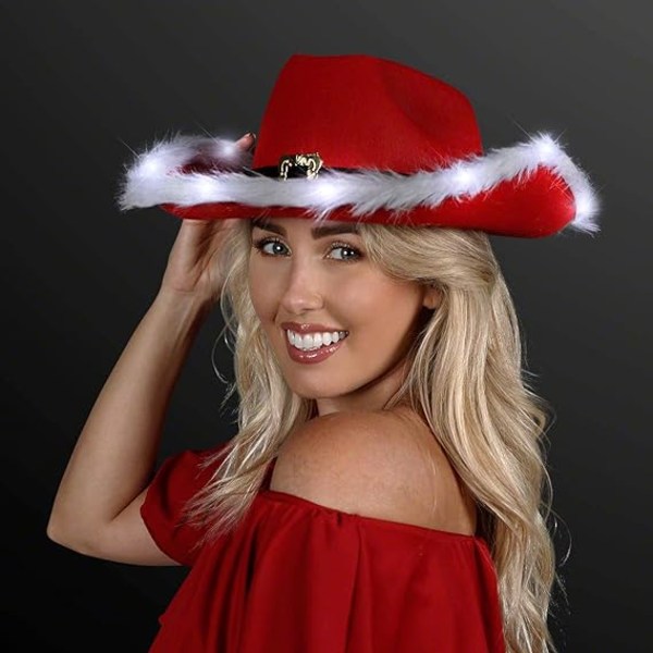 Ljusupplyst LED Röd och Vit Jultomte Cowboyhatt, ZQKLA