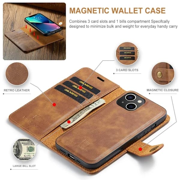 DG MING iPhone 15 2-i-1 Magnetisk Lommebokdeksel - Brun Brun,su