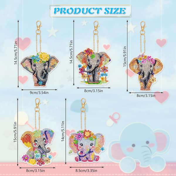 5 Stykker Nøglering Diamant Maleri Elefant DIY 5D Diamant Kunst Pa