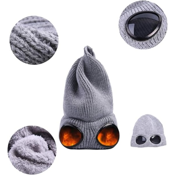 Unisex Goggle Beanie Stickad Vinter Chunky Beanie Hat, Grå, ZQKLA