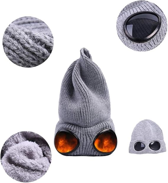 Unisex Goggle Mössa Stickad Vinter Tjock Mössa，Khaki,ZQKLA