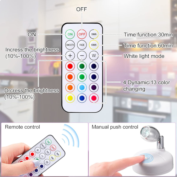 2 stycken RGB trådlösa LED-spotlight med fjärrkontroll, 13 färger, ZQKLA