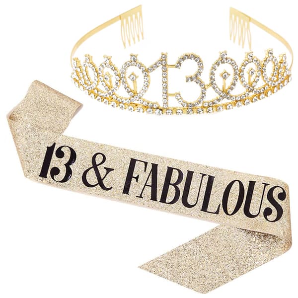 13 och Fabulous Sash & Tiara Set - 13-årsdagspresenter, guld