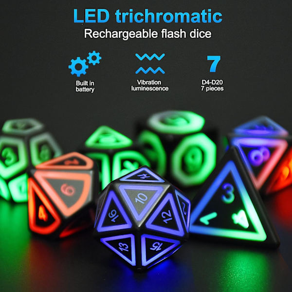 Lysende LED Terninger Sett med 7 USB Ladbare Lysende DND Terninger