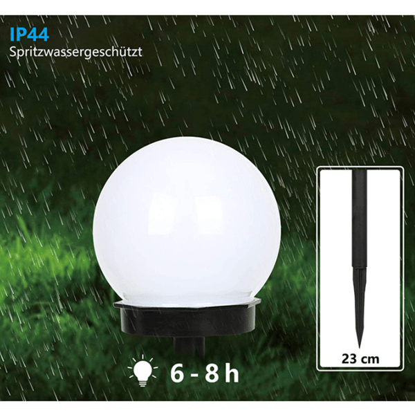 Sett med 2 LED utendørs solcellelamper, kuleformet design, jordspyd, ZQKLA