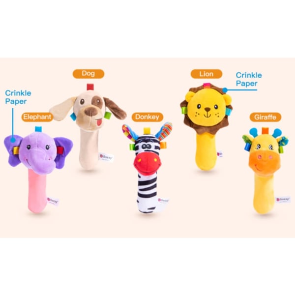 Tecknade baby handskrallrar Squeaker Sticks, plyschdjurleksak för 0