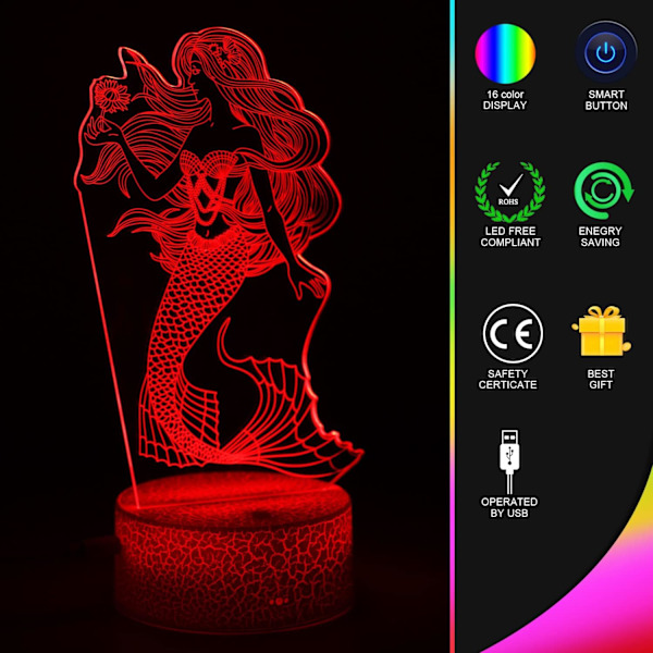 Sjöjungfru-gåvor för flickor, 3D-illusionlampa Sjöjungfru nattlampa, ZQKLA