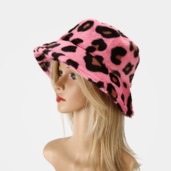 Kvinders vinter imiteret pels Fuzzy Warm Bucket Hat，Leopardprint, ZQKLA