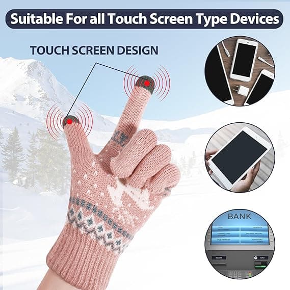 Nye jacquard varme lyserøde touchscreen handsker til kvinder, vinter fløjl uldhandsker til kvinder, julevanter til kvinder Pink