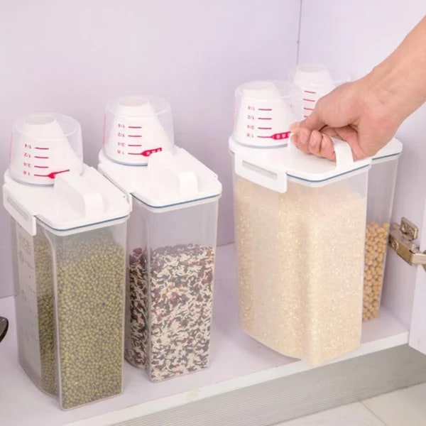 2,1-3L lufttett oppbevaring av ris, tørr mat, sett med 2, beholder for oppbevaring av ris, kornbeholder, dispenser, gen