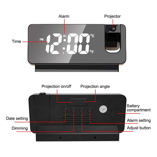 180° Rotations LED Digital Projektionsväckarklocka USB Elektro, ZQKLA