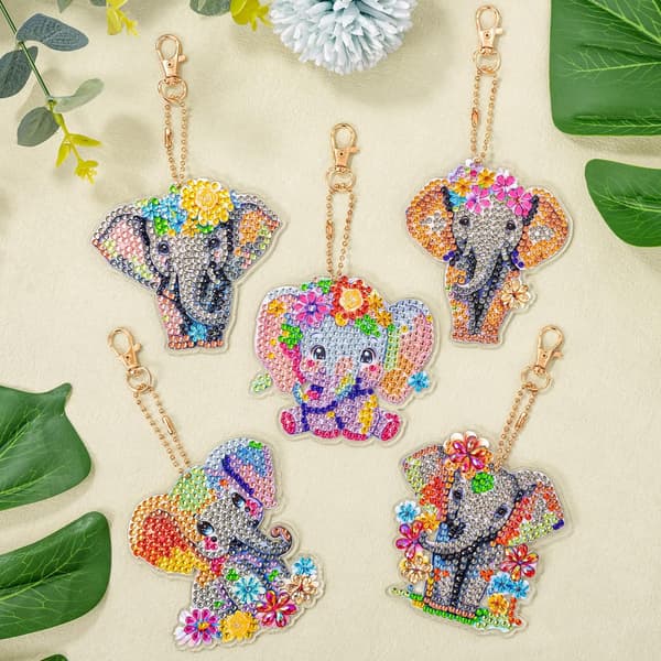 5 Stykker Nøglering Diamant Maleri Elefant DIY 5D Diamant Kunst Pa