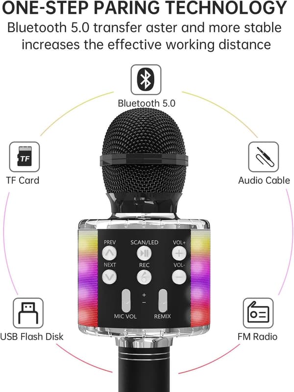 Karaoke-mikrofoni (musta) lapsille, langaton Bluetooth-karaoke, ZQKLA